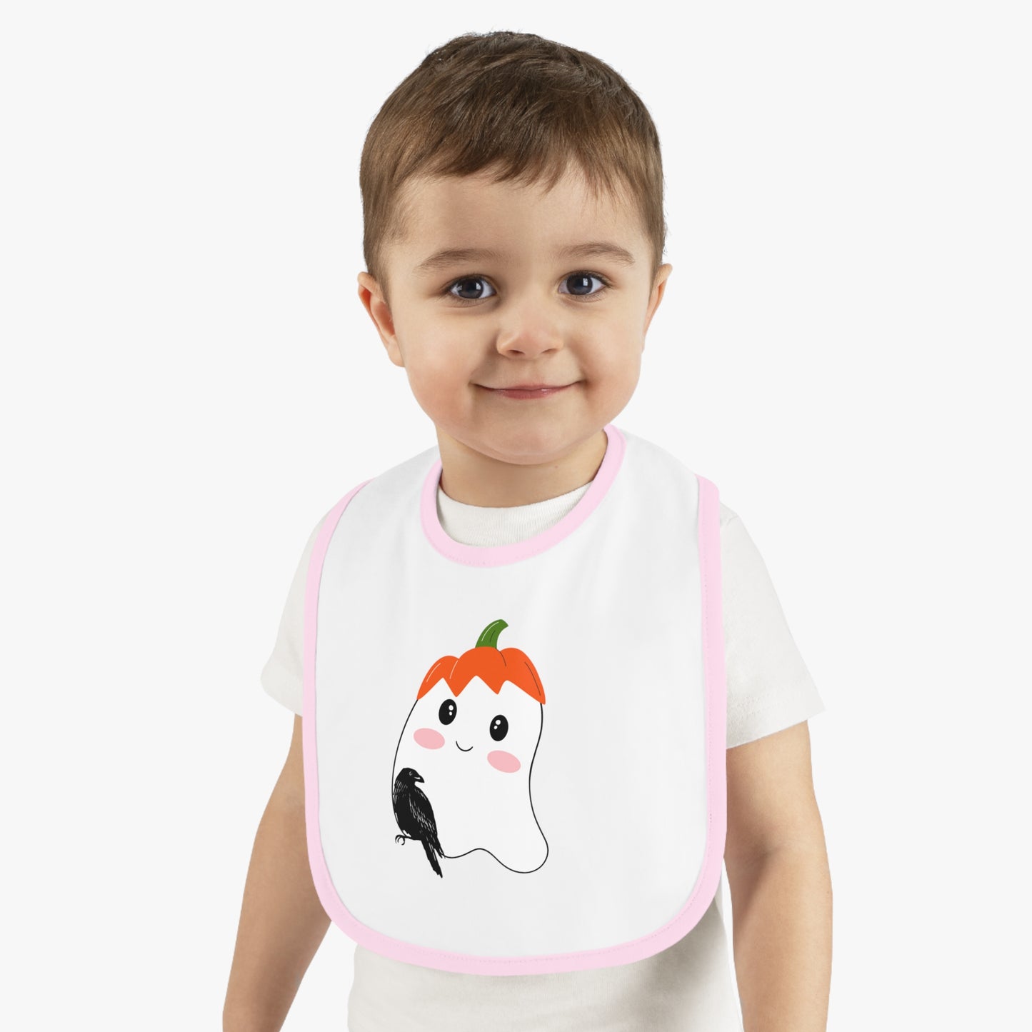 Happy Halloween, Bird with ghost, Baby Contrast Trim Jersey Bib