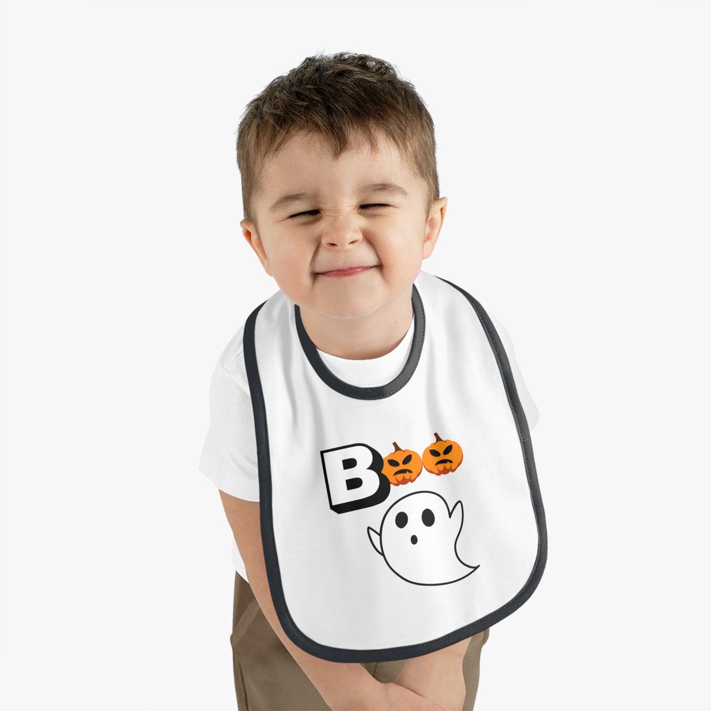 Happy Halloween Boo, Baby Contrast Trim Jersey Bib