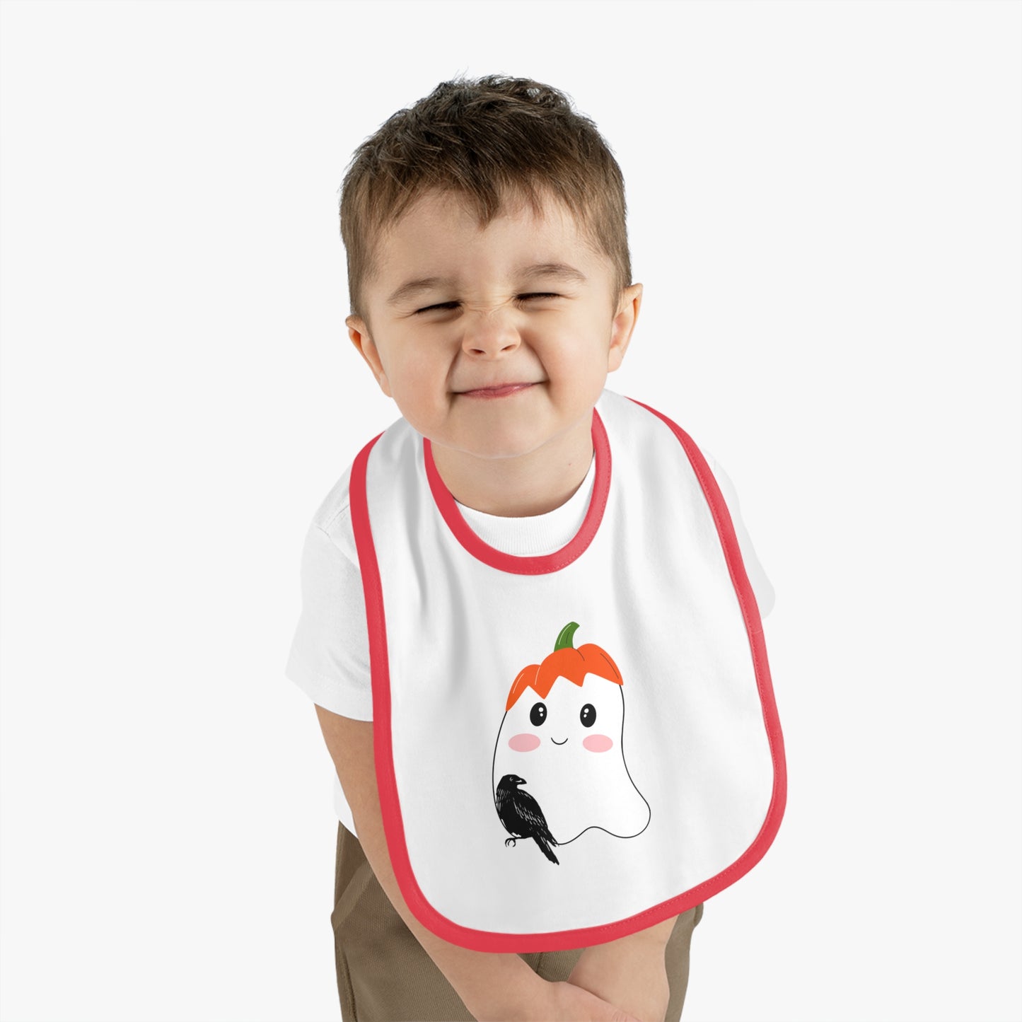 Happy Halloween, Bird with ghost, Baby Contrast Trim Jersey Bib