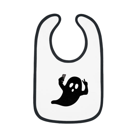 Happy Halloween ghost selfie, Baby Contrast Trim Jersey Bib