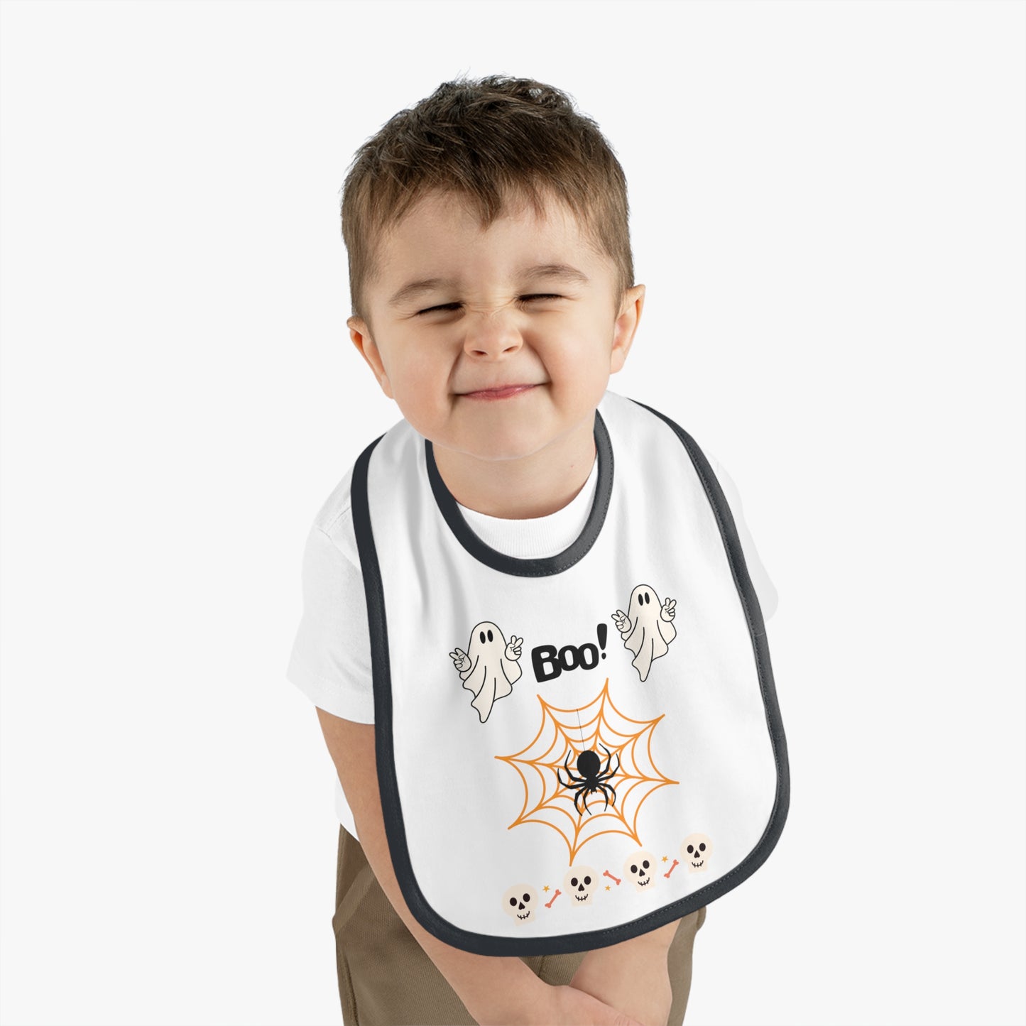 Happy Halloween boo, Baby Contrast Trim Jersey Bib