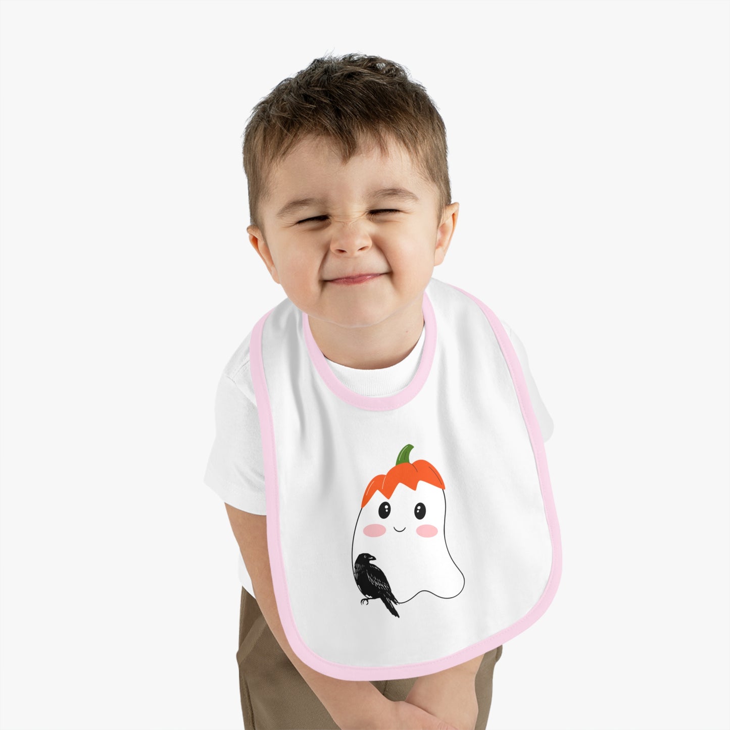 Happy Halloween, Bird with ghost, Baby Contrast Trim Jersey Bib