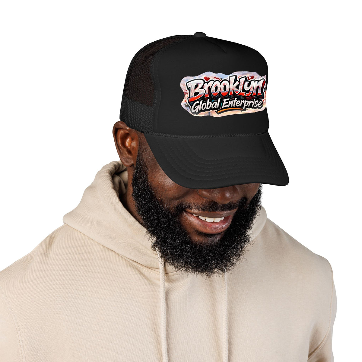 Brooklyn Global Enterprise Foam Trucker Hat — Retro Street Logo Cap