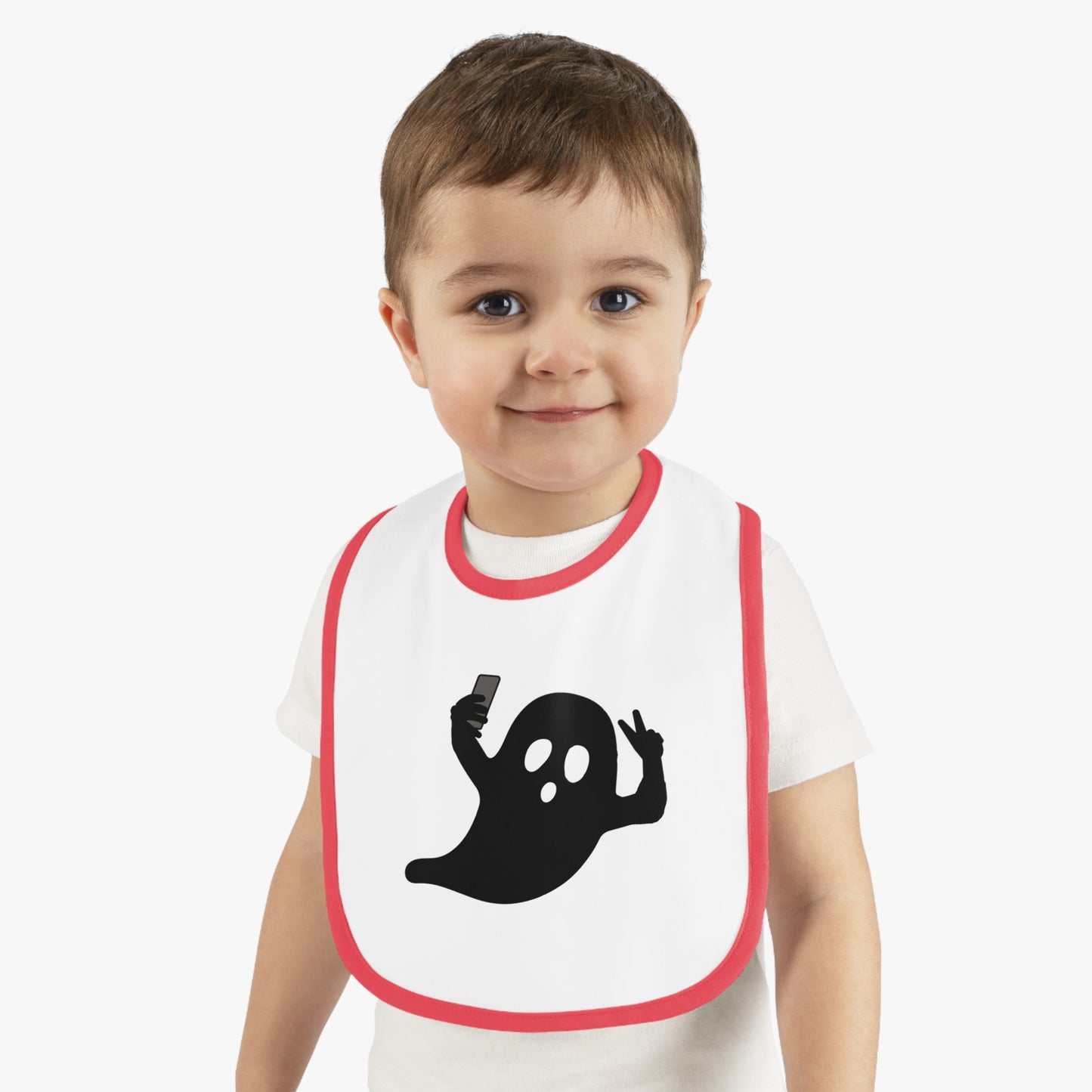 Happy Halloween ghost selfie, Baby Contrast Trim Jersey Bib