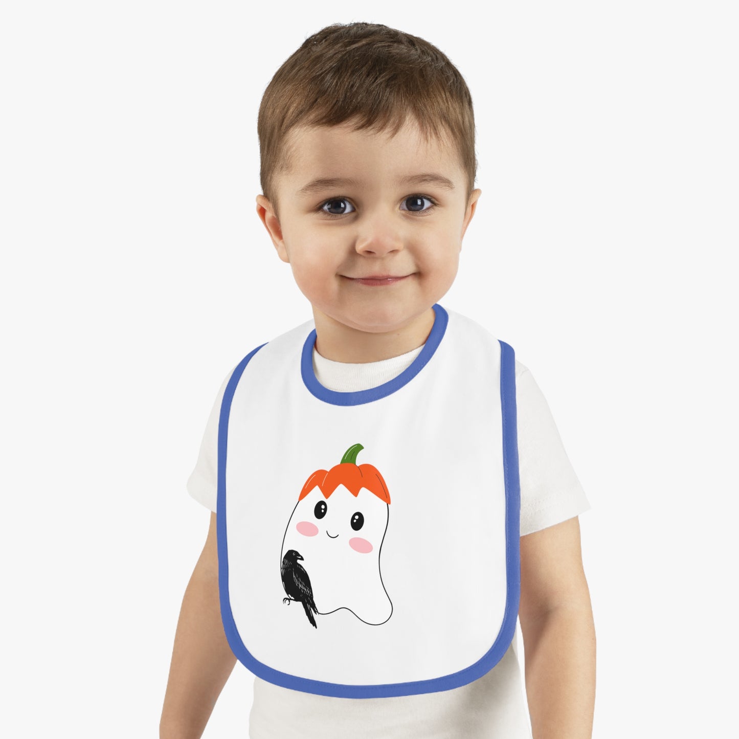 Happy Halloween, Bird with ghost, Baby Contrast Trim Jersey Bib