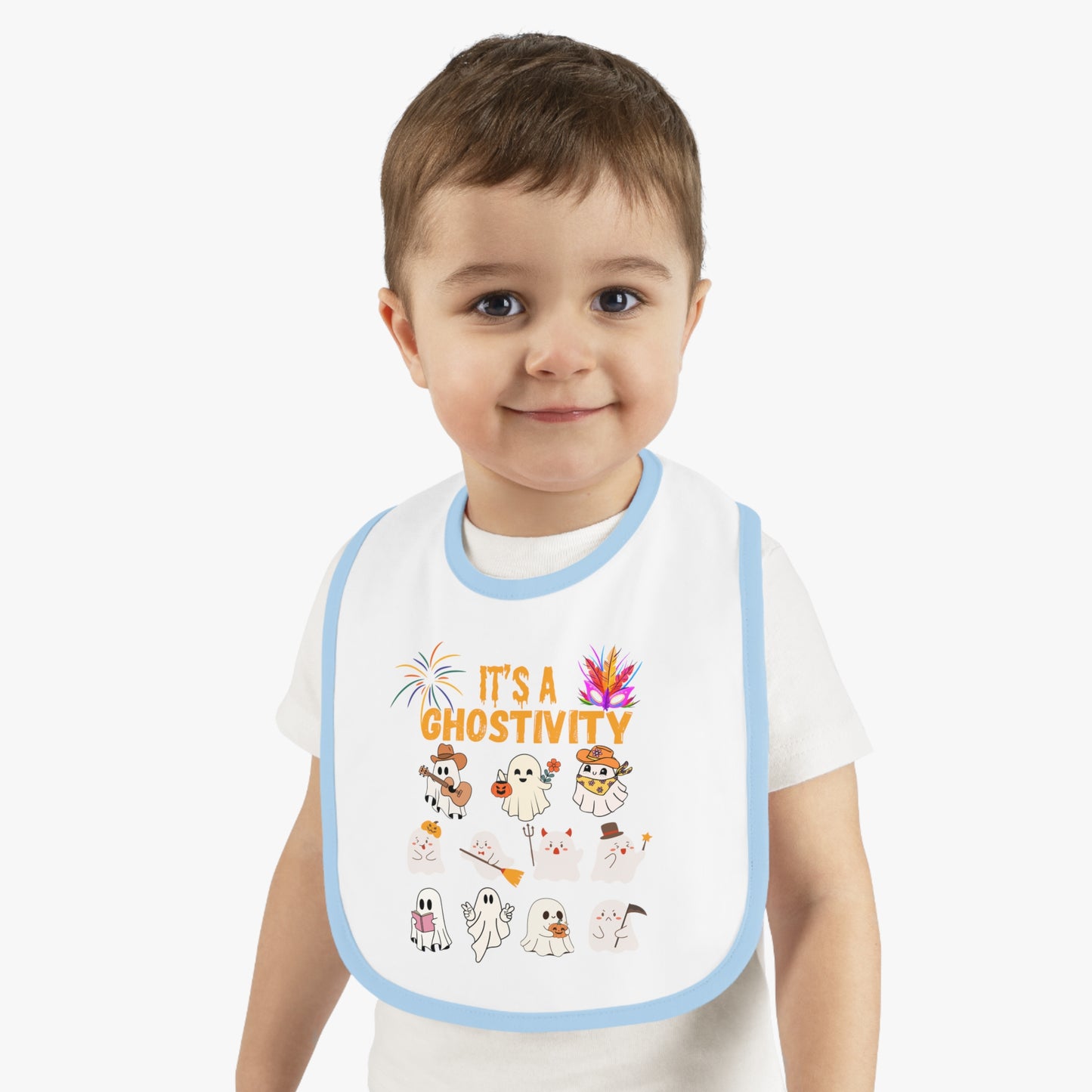 Happy Halloween ghostivity, Baby Contrast Trim Jersey Bib