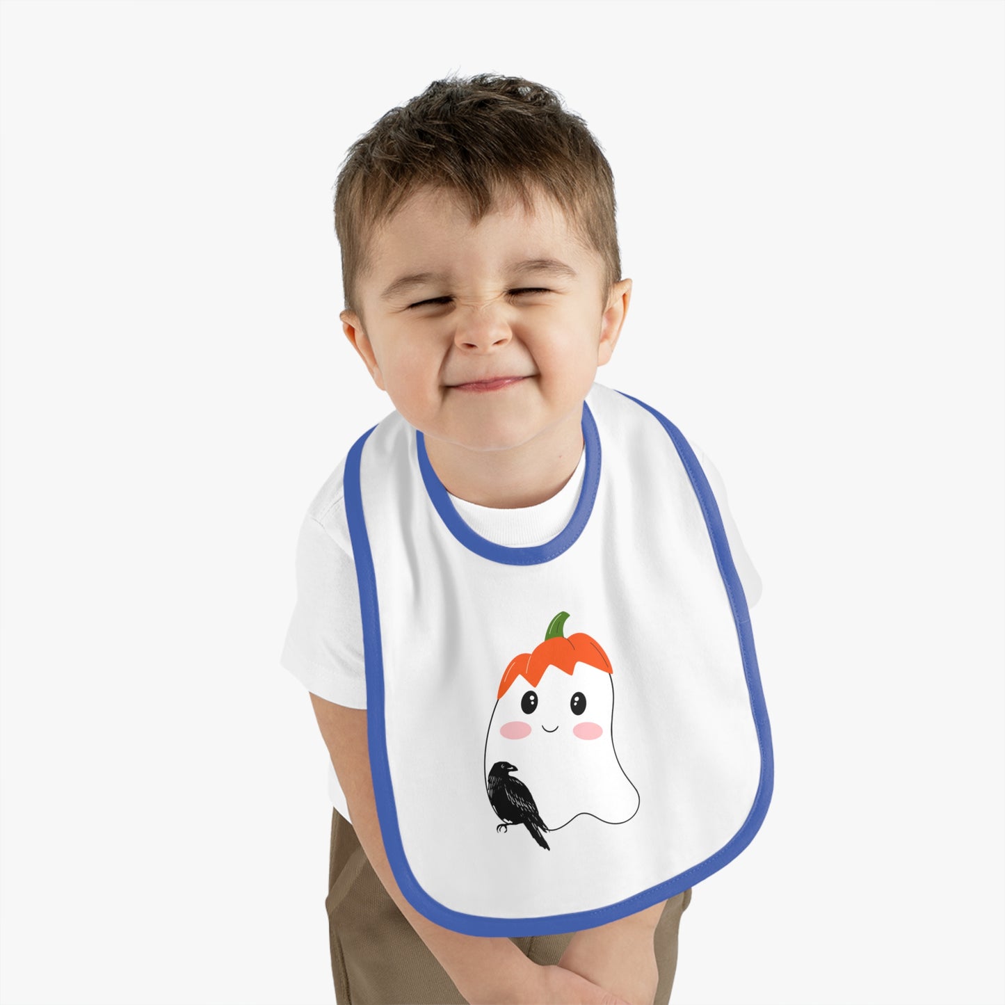 Happy Halloween, Bird with ghost, Baby Contrast Trim Jersey Bib