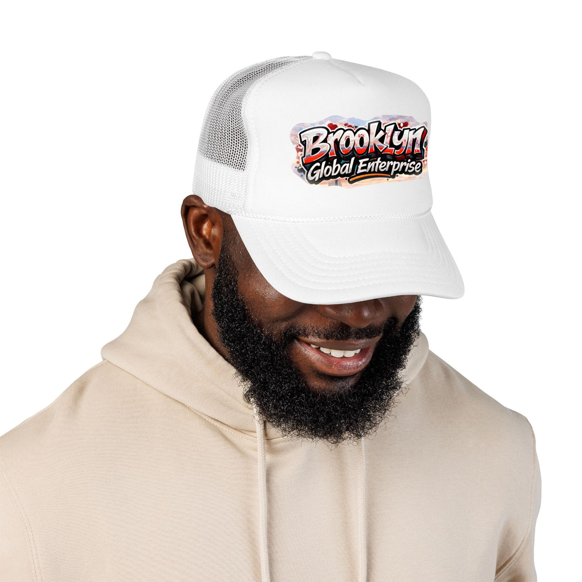 Brooklyn Global Enterprise Foam Trucker Hat — Retro Street Logo Cap