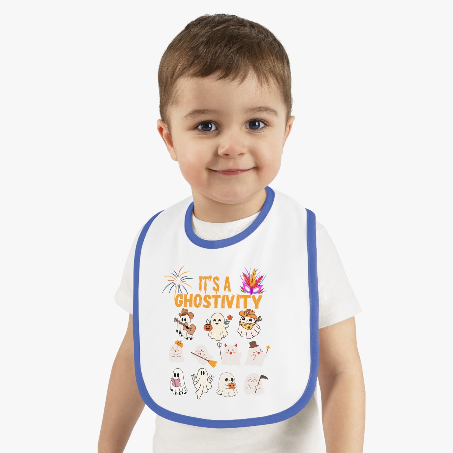 Happy Halloween ghostivity, Baby Contrast Trim Jersey Bib