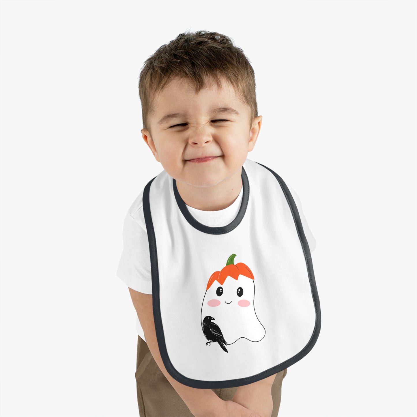 Happy Halloween, Bird with ghost, Baby Contrast Trim Jersey Bib