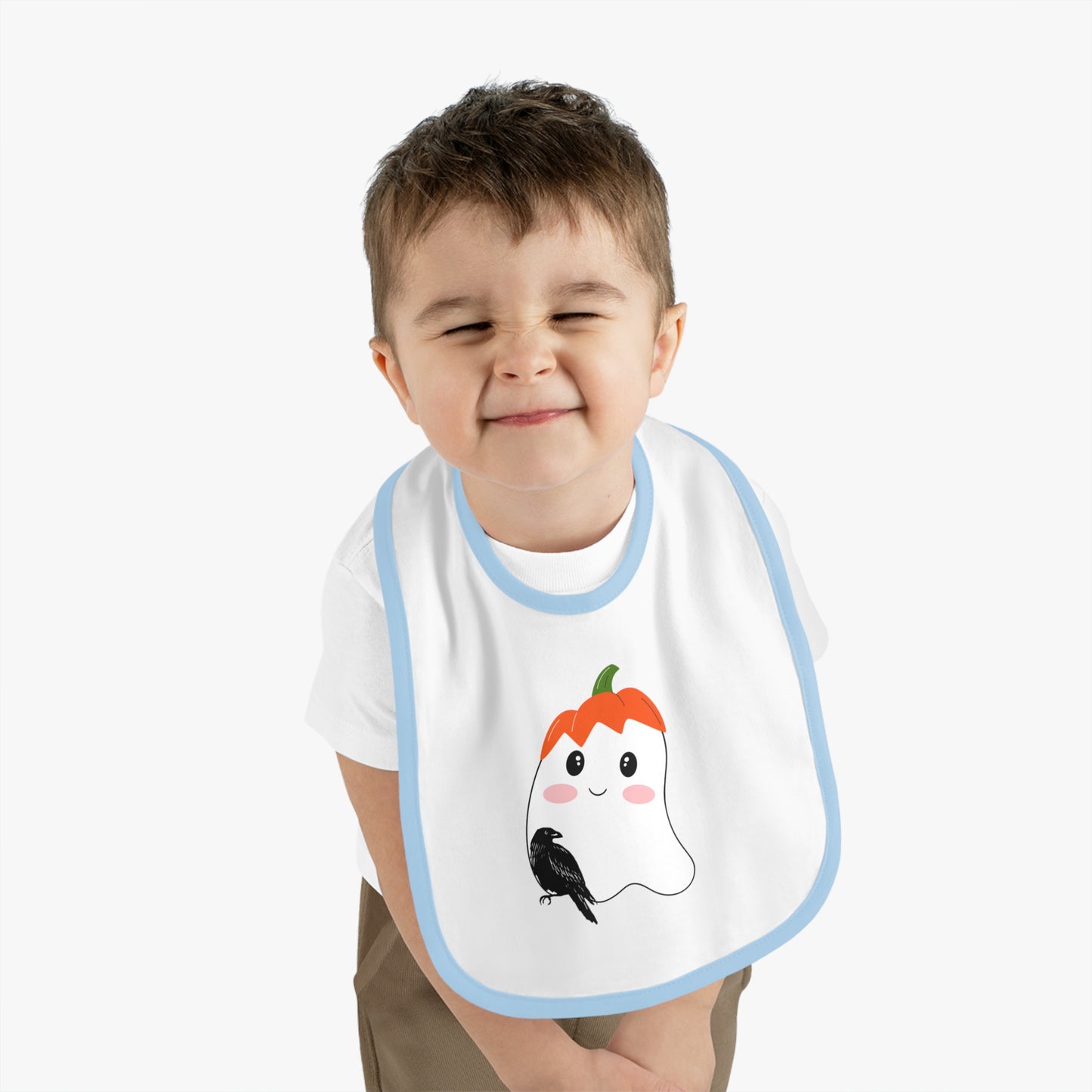 Happy Halloween, Bird with ghost, Baby Contrast Trim Jersey Bib