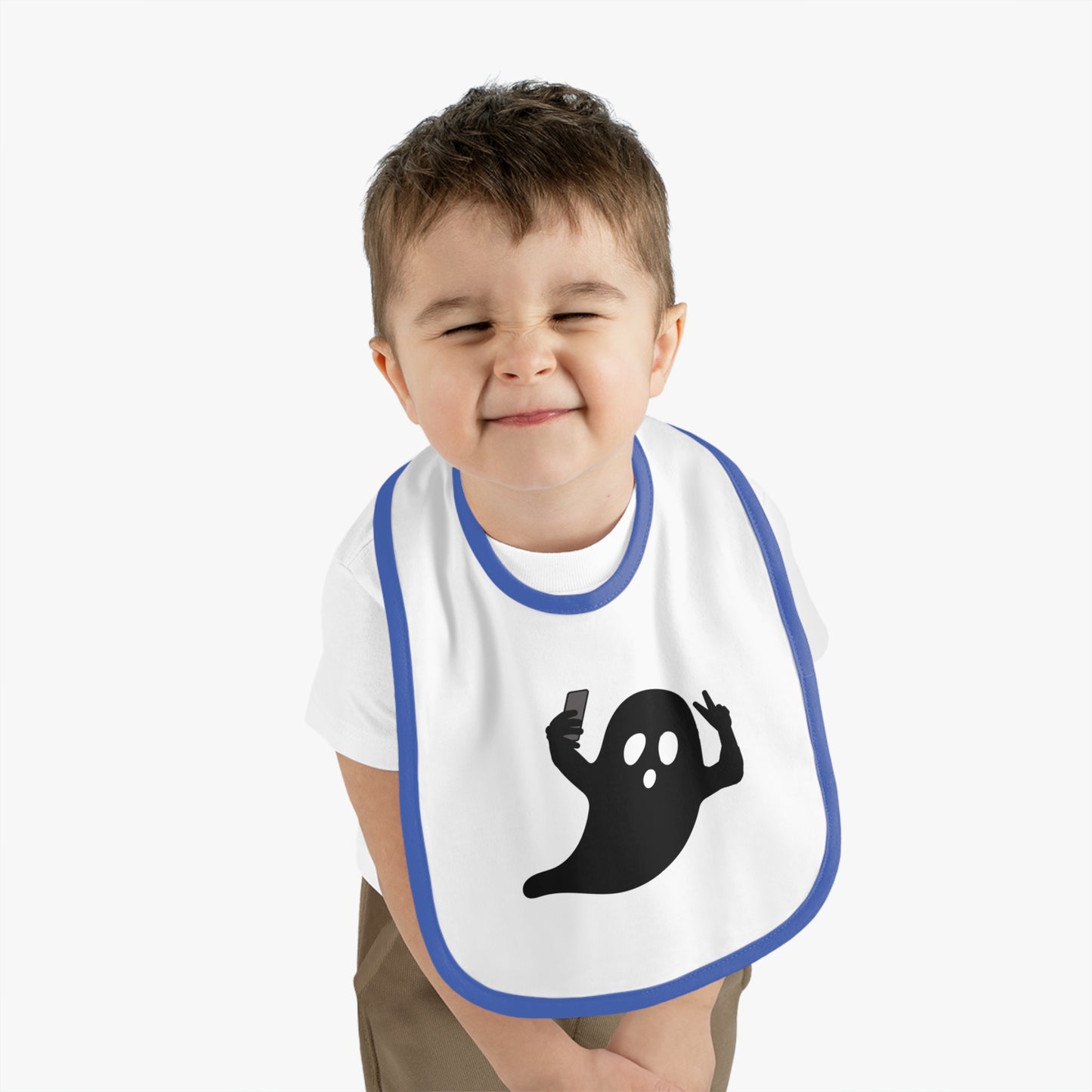 Happy Halloween ghost selfie, Baby Contrast Trim Jersey Bib