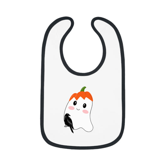 Happy Halloween, Bird with ghost, Baby Contrast Trim Jersey Bib