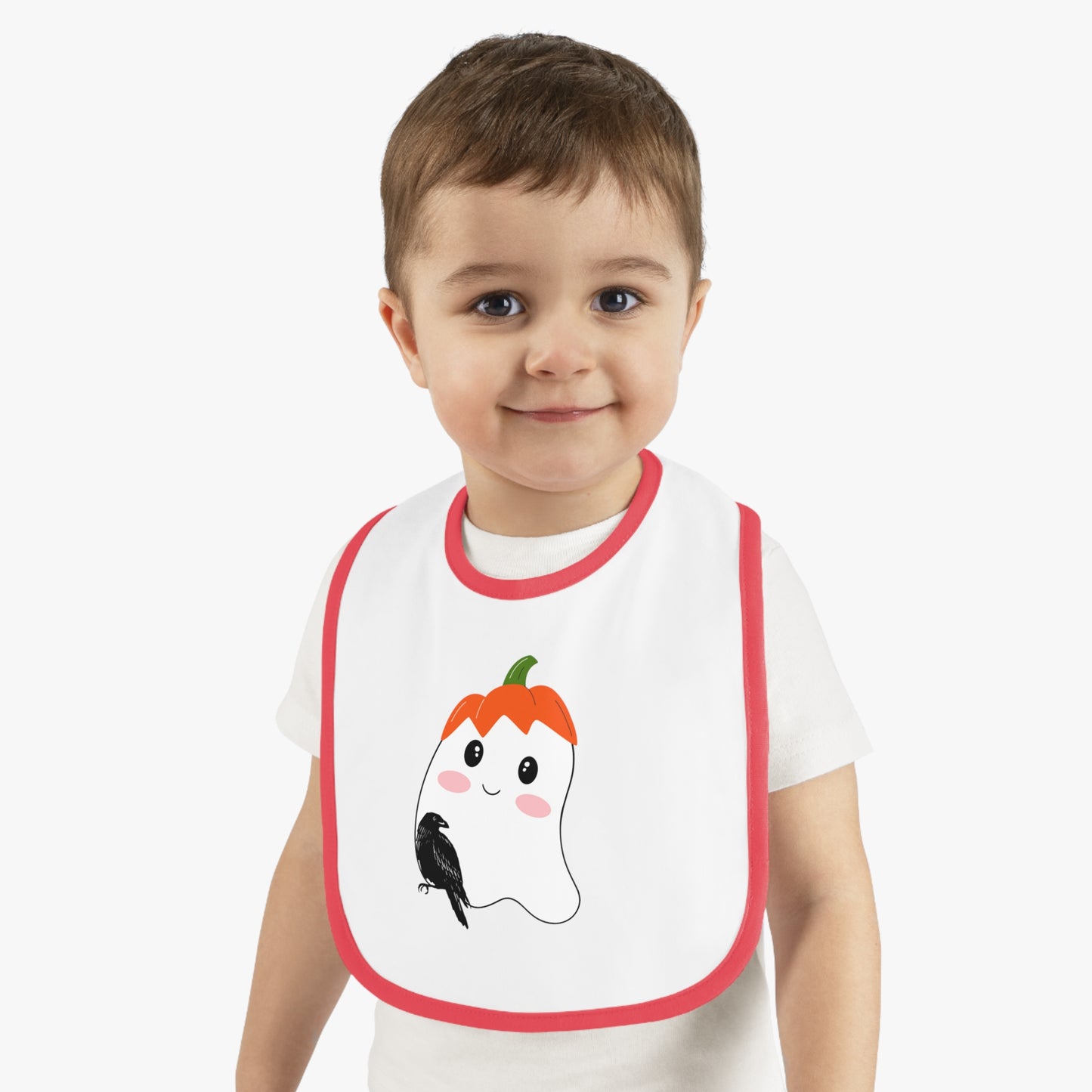 Happy Halloween, Bird with ghost, Baby Contrast Trim Jersey Bib