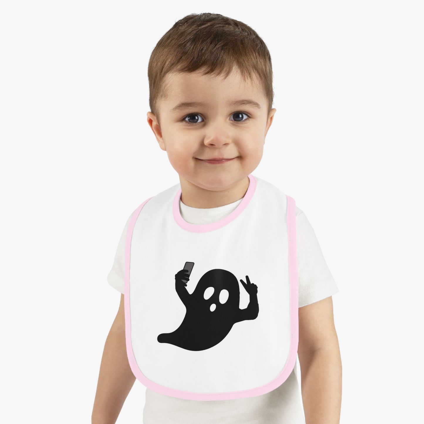 Happy Halloween ghost selfie, Baby Contrast Trim Jersey Bib