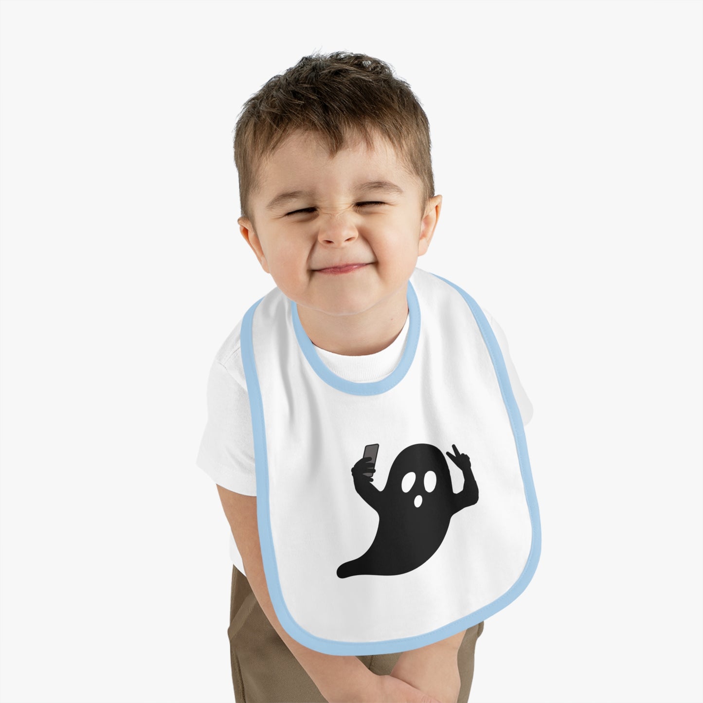 Happy Halloween ghost selfie, Baby Contrast Trim Jersey Bib