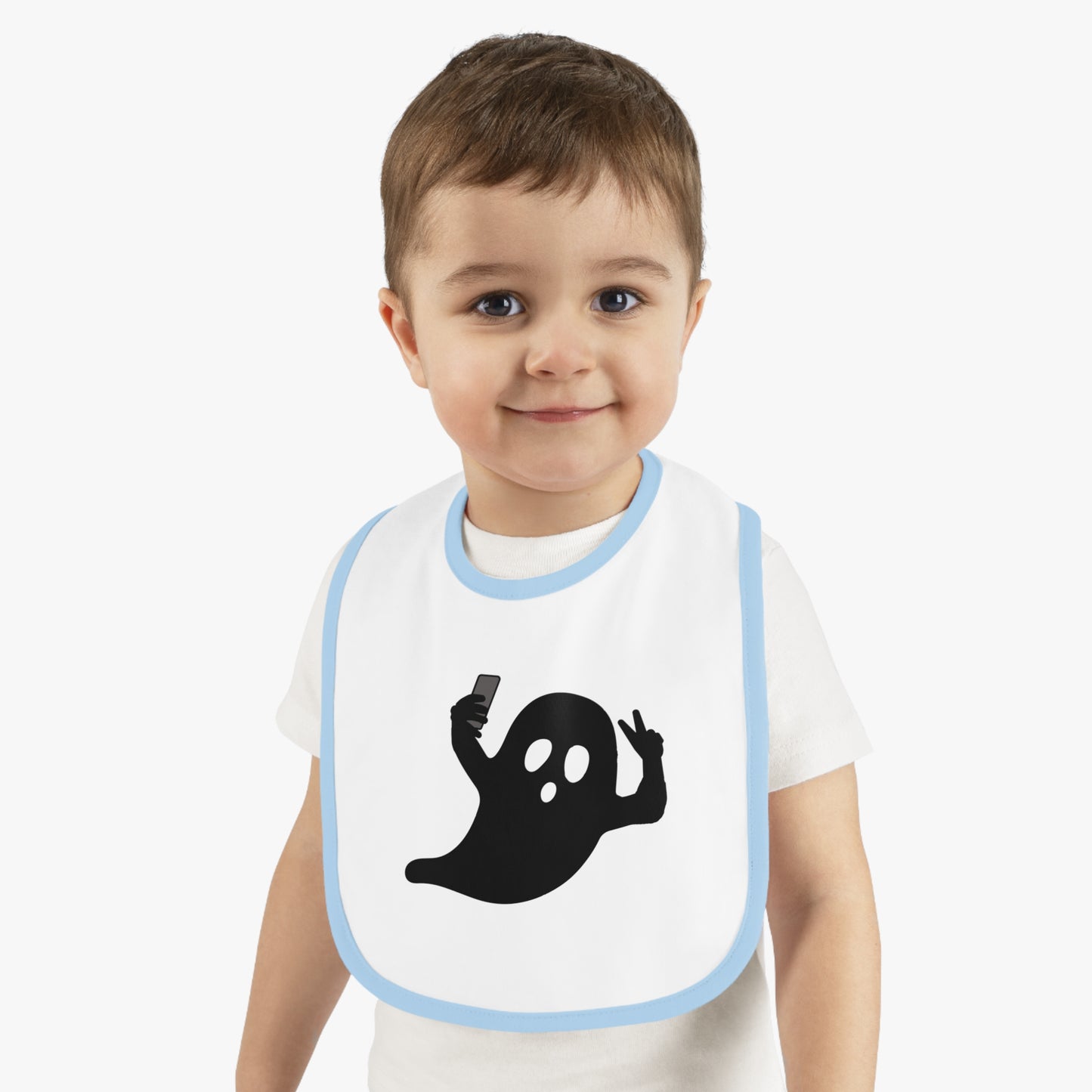 Happy Halloween ghost selfie, Baby Contrast Trim Jersey Bib