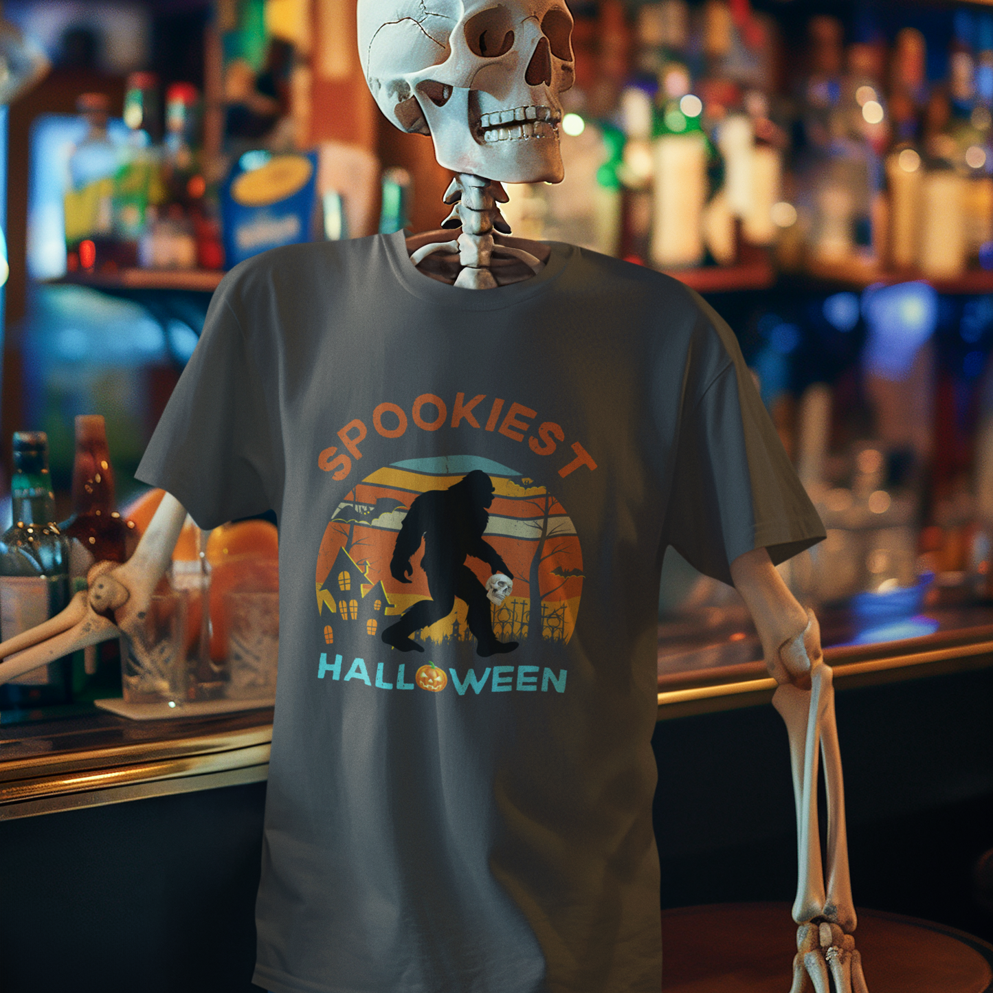 Halloween shirt with big foot carrying skull